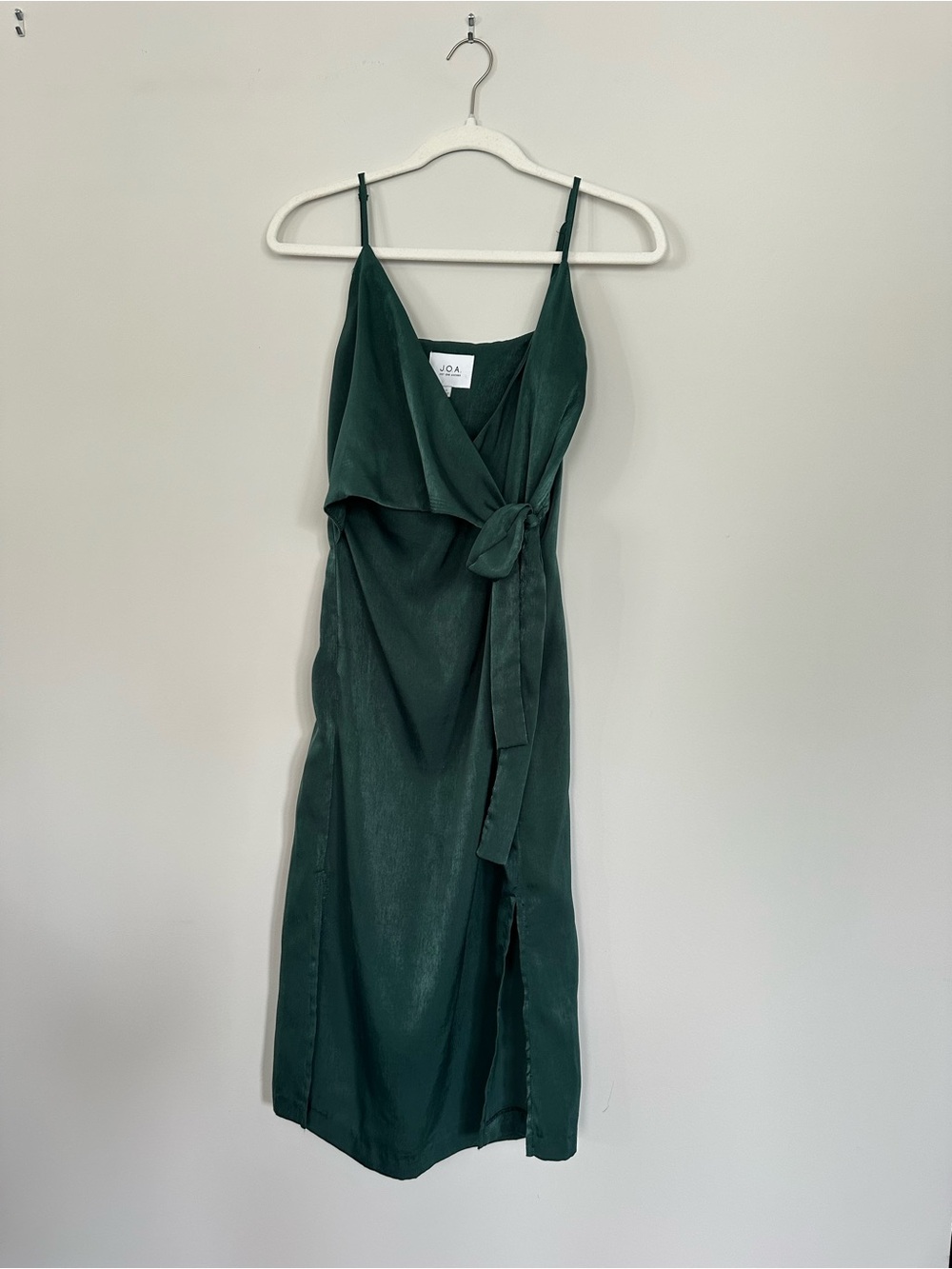 J.O.A. Dark Green Satin Wrap Midi Dress